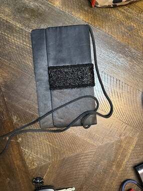 Vintage Black Satin Evening Clutch with Beaded Panel and Cord Strap
